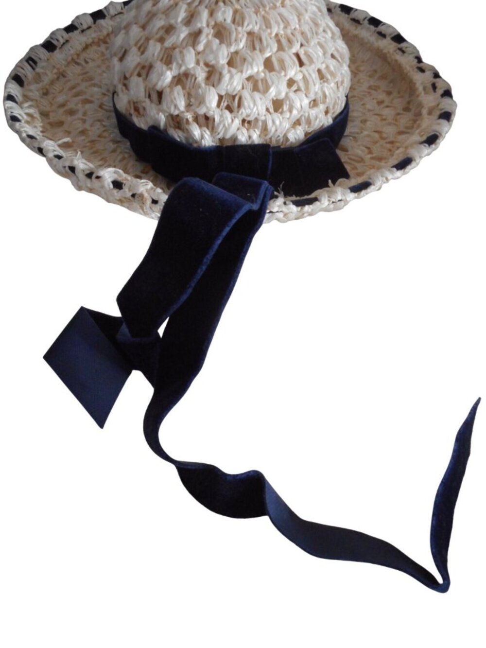 Vintage Estate cream woven raffia straw wide brim hat navy velvet ribbon trim - Picture 3 of 5